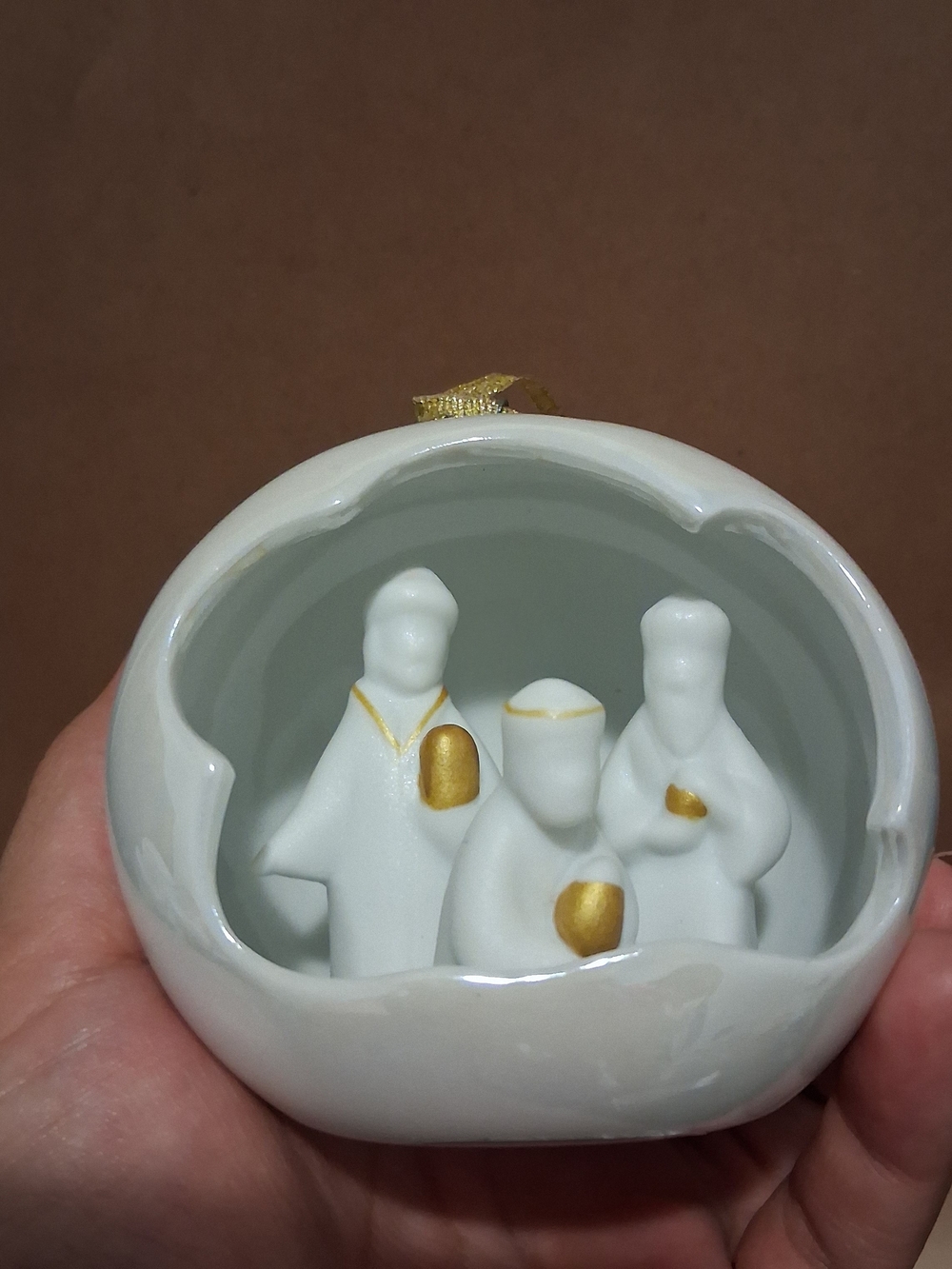 White Ceramic Nativity Ornament with Gold Accents Appletree Design